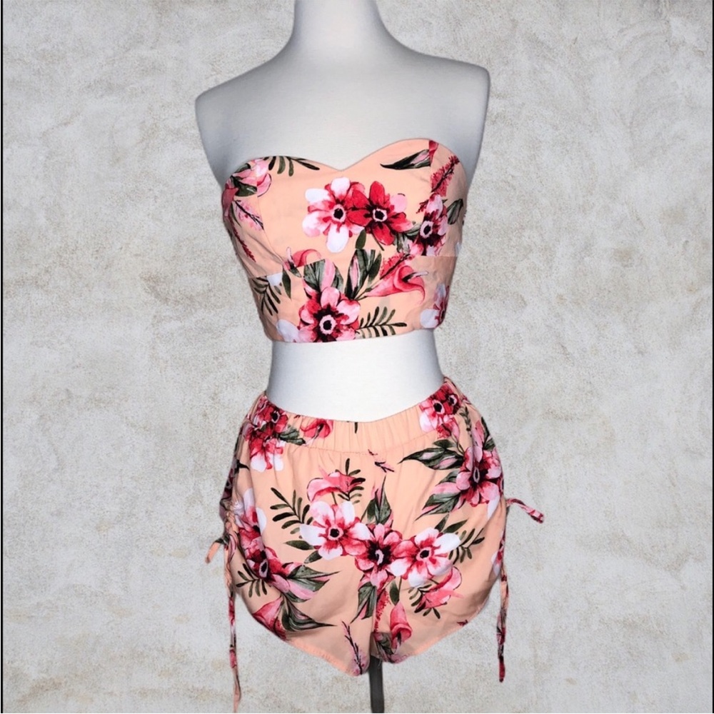 Peach colored floral print 2-piece shorts and crop top set